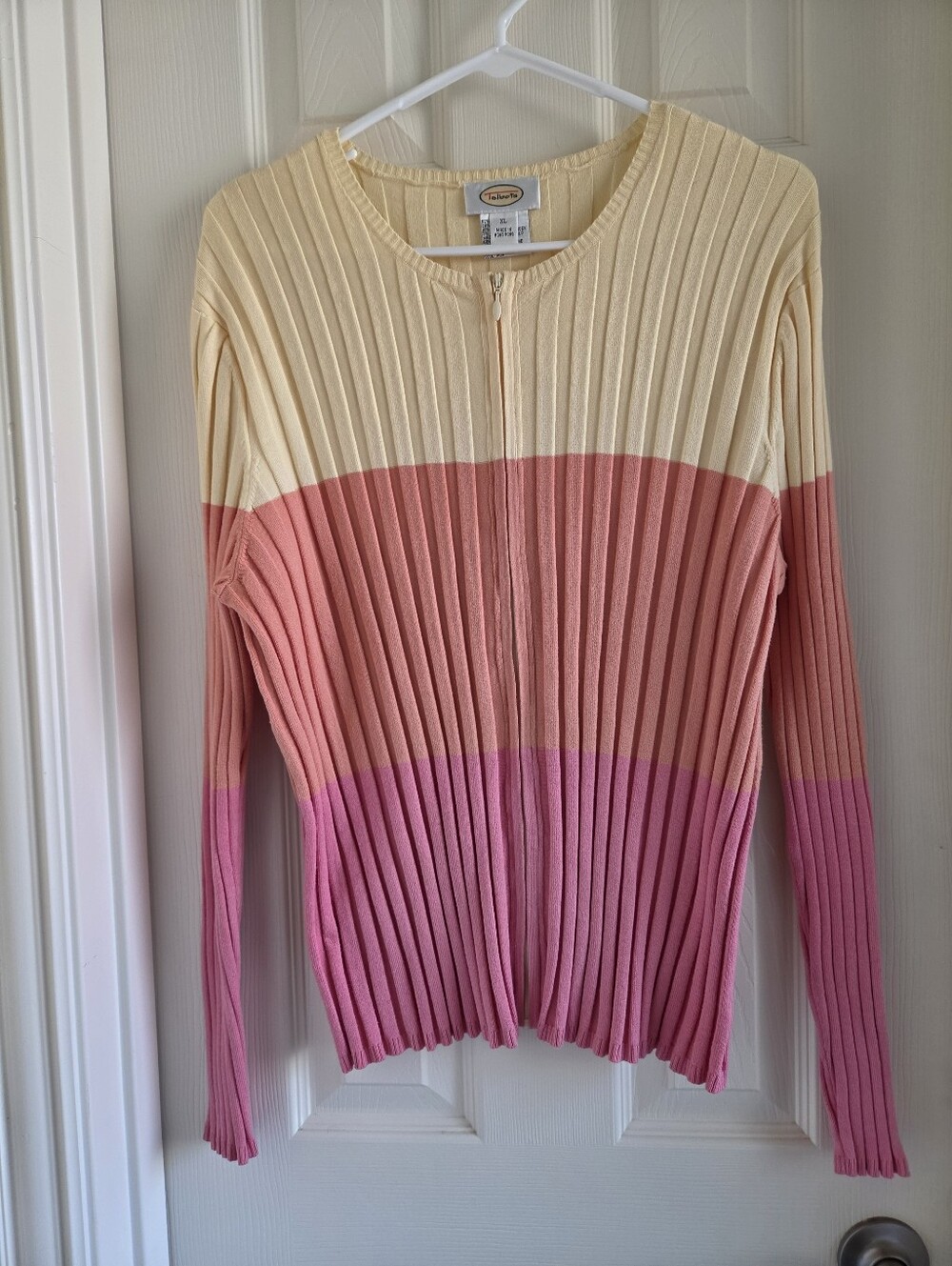 Talbots Vintage Ribbed Knit Colorblock Sweater Zip Up Cardigan Pink Orange XL